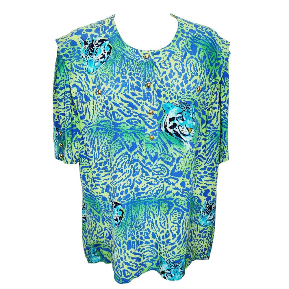 Rare Vintage Escada Silk Tiger Print Blouse Blue Green Short Sleeve